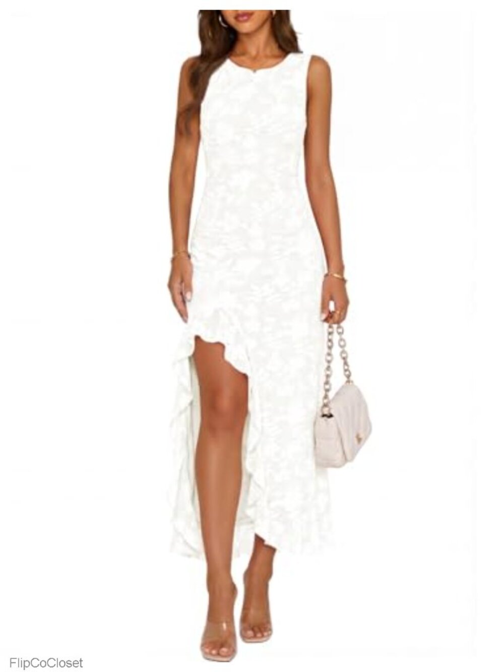 Sleeveless Floral Maxi Dress with High Slit Ruffle Hem Cocktail Wedding Guest